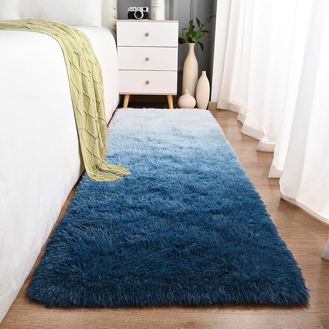 Navy Blue Area Rugs for Bedroom Living Room, 2x6 Feet Fluffy Bedside Rugs, Cute Carpet Rug for Kids Room Nursery, Furry Gradient Rugs for Girls Boys Dorm Room Home Decor