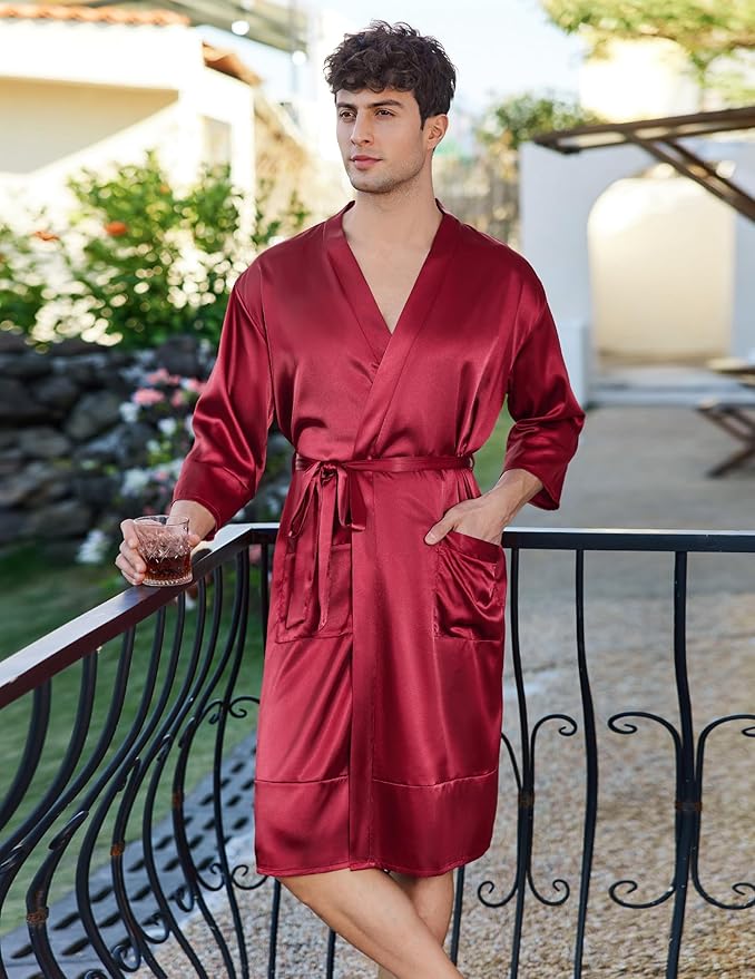 Ekouaer Mens Satin Robe Lightweight Silky Kimono Bathrobe 3/4 Sleeve Spa Knee Length Loungewear with Pockets S-3XL