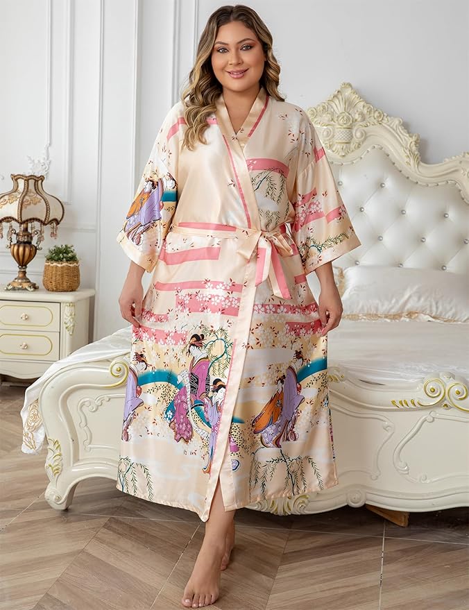 Women's Floral Long Satin Robes Plus Size Long Silk Robes Peacock Floral Kimonos Sleepwear Dressing Gown