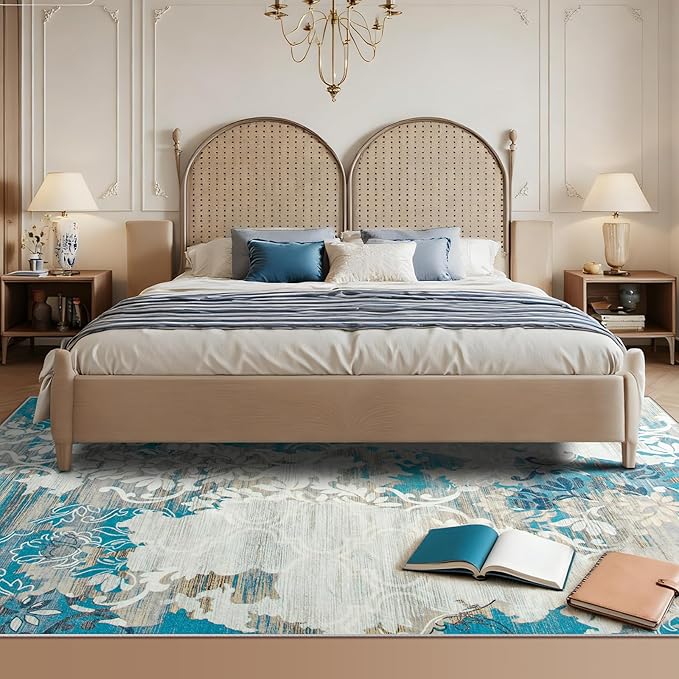 CRYPTOLITE Area Rugs 9x12 Rug for Living Room Abstract Washable Rug with Non-Slip Backing Low Pile Area Rugs for Bedroom, Dining Room, Blue