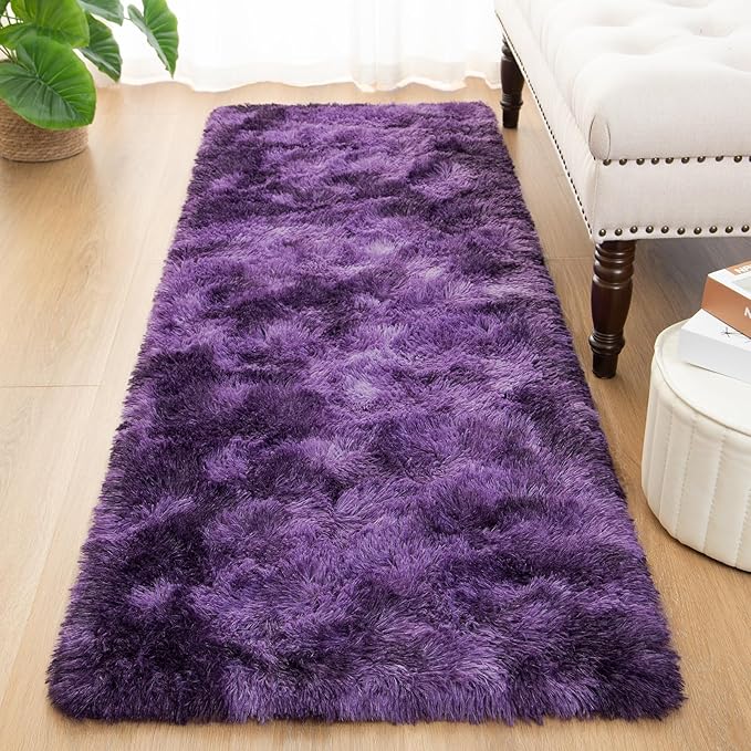 Softlife Dark Purple Area Rug for Bedroom, Fluffy Shag Plush Tie Dyed Rugs for Living Room Girls, Shaggy Throw Carpet for Kids Soft Fuzzy Runner Small 2x6 Runners for Hallways Dorm