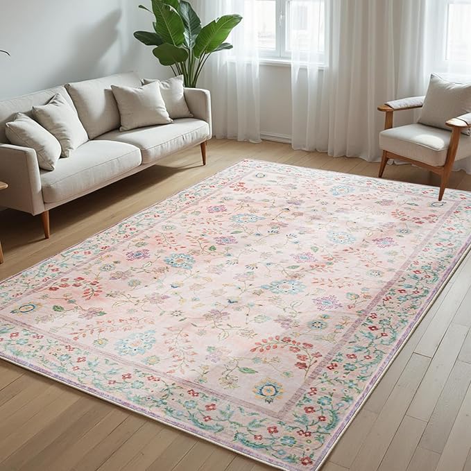 CRYPTOLITE Area Rug 4x6, Washable Faux Wool Throw Rugs for Living Room, Non Slip Low Pile Vintage Boho Carpet for Dining Room, Home Office, Bedroom, Kids Room, Bedside (Pink)