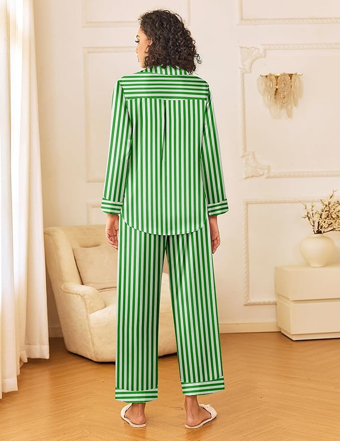 Ekouaer Womens Silk Satin Pajama Sets 2 Piece Sleepwear Pjs Set Long Sleeve Button Down Top and Pants Stripe Loungewear S-XXL