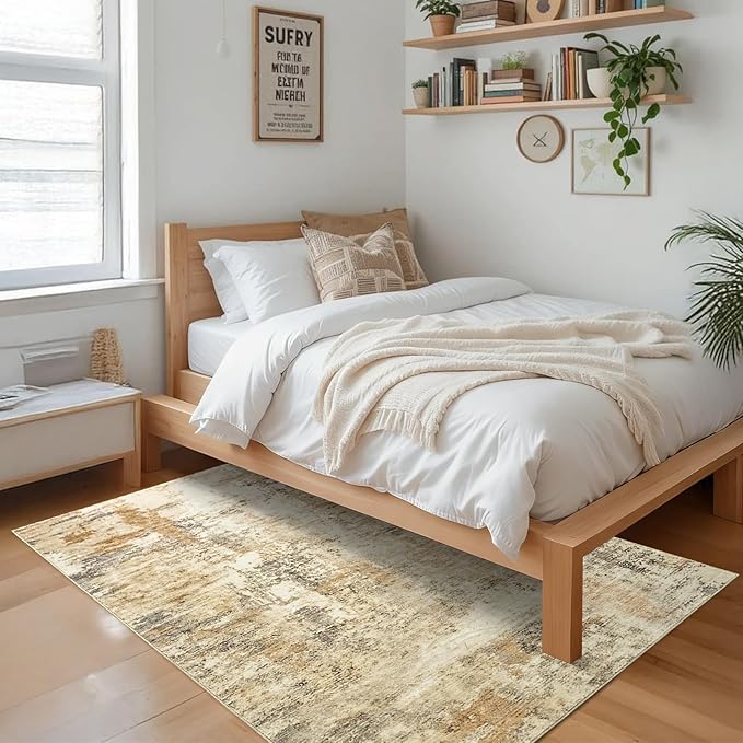 CRYPTOLITE Abstract Area Rug Washable Rug with Non-Slip Backing Low Pile Area Rugs for Living Room, Bedroom, Dining Room,4x6, Khaki