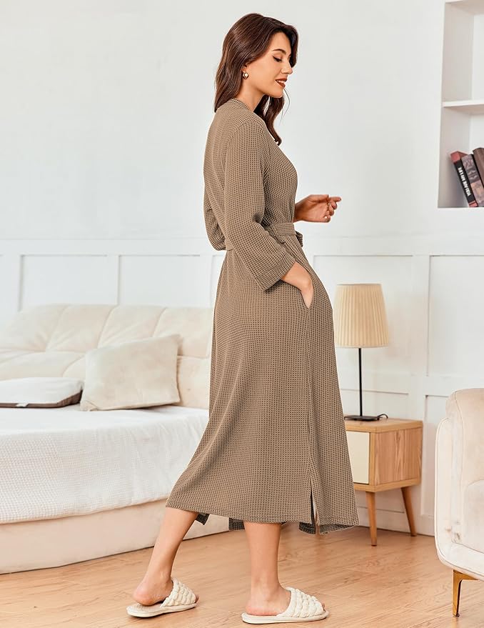 Ekouaer Women's Robe Long Waffle Knit Bathrobe Lightweight Soft Kimono Robes Loungewear S-XXL
