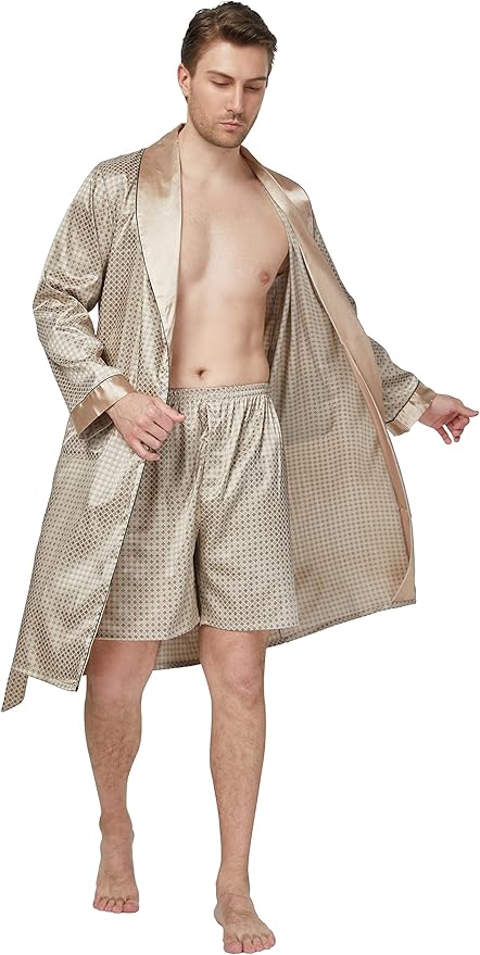 Tony & Candice Men's Satin Robe Lightweight Long Sleeve Silk Kimono Bathrobe with Shorts Set Sleepwear