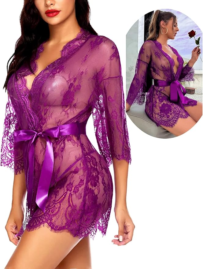 Avidlove Women's Lace Kimono Robe Babydoll Lingerie Mesh Nightgown S-5XL