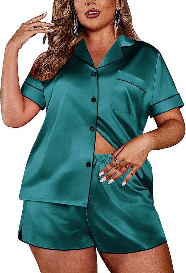 Ekouaer Womens Silk Satin Pajamas Set Short Sleeve Sleepwear Button Down Loungewear 2 Piece Pjs Shorts Set S-5X Plus Size
