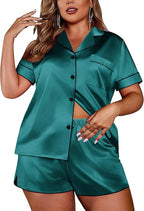 Ekouaer Womens Silk Satin Pajamas Set Short Sleeve Sleepwear Button Down Loungewear 2 Piece Pjs Shorts Set S-5X Plus Size