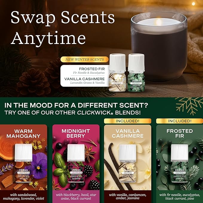 Lifelines Flameless Candle Diffuser - Winter Edition Gift Set - Aromatherapy Essential Oil Diffuser with 2 Holiday ClickWick Blends - Cordless & Waterless for Home - Electric Candles Blow Out Flame