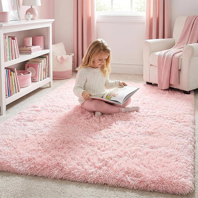 Amdrebio Pink Bedroom Rug 3x5 for Girls Room, Fluffy Plush Bedside Area Rugs for Kids Room Decor Aesthetic, Small Cute Indoor Floor Carpet, Fuzzy Shaggy Throw Rug for Preppy Dorm, Nursery, Playroom