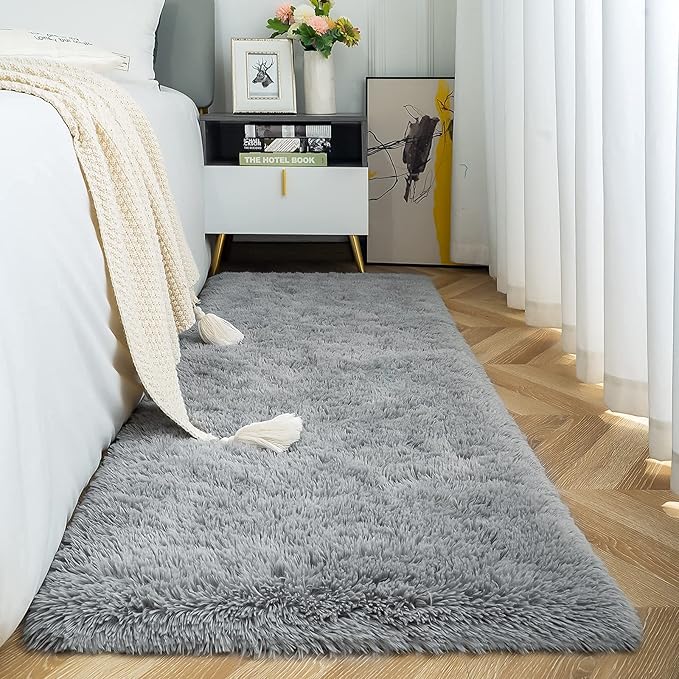 ISEAU Fluffy Runner Rug for Dorm, College, Apartment, Bedroom Plush Area Rugs, Shag Carpet with Rubber Backing Non Slip, Comfy Nursery Mat Bedside Rug for Kids Boys Room Home Decor, 2ft x 6ft, Grey