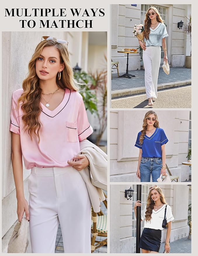Silk Pajamas for Women Short Sleeve Satin 2 Piece Pj Set Soft V Neck Sleepwear Loungewear, S-XXL
