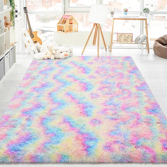 Softlife Area Rug for Bedroom, Fluffy Shag Plush Shaggy 4x6 Rainbow Rugs for Living Room Girls Kids, Throw Soft Fuzzy Tie Dyed Small Carpet for Dorm Bedside Ultra Cozy Non-Slip Indoor Decor