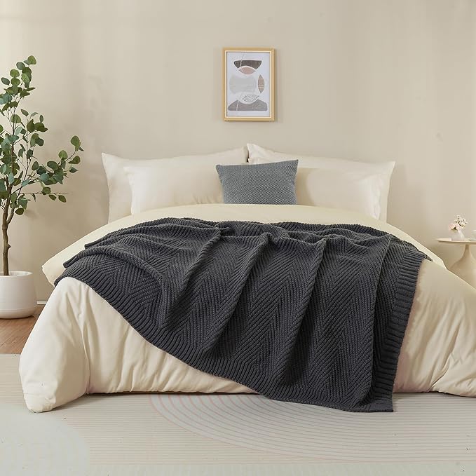 Knitted Throw Blanket 60"X80", Dark Grey Knit Throws for Bed, Super Soft Boho Chevron Blankets for Couch Sofa Chair Room Decor, Textured Decorative Farmhouse Cozy Lightweight