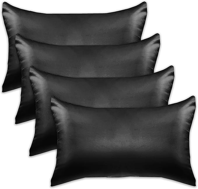 Elegant Comfort 4-Pack Cooling Viscose Satin Pillowcase Set with Hidden Zipper Closure, Silky Smooth for Best Hair and Skin Care-Beautiful Gift Box-4-Piece Satin Pillowcase Set, King, Black