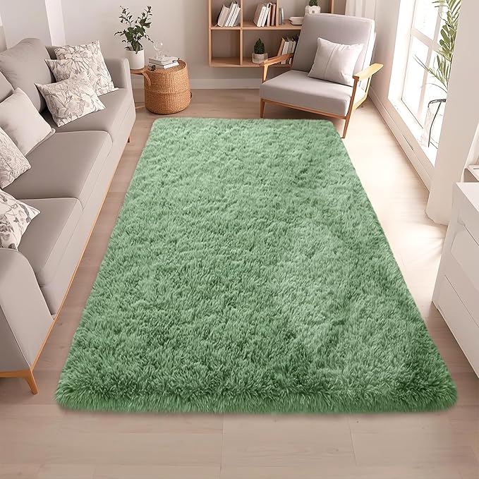 Green Fluffy Rugs for Living Room 5x7 ft - Ultra Soft Faux Fur Area Rug - Plush Non-Slip Shaggy Carpet for Bedroom, Kids Boys Girls Dorm Nursery Room