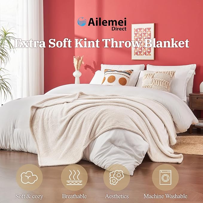 Ailemei Direct Knit Throw Blanket for Bed, Soft Thin Blankets for Sofa, Couch, Camping, Office Chair, Cozy Touch Lightweight Breathable Blanket All Season Use, Sand 50"x70"