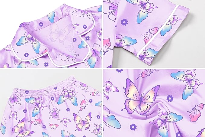 Umeyda Women & Girls Pajamas Set, Soft Satin Lightweight Silk Button-Down Top with Shorts 2 Piece PJS for Mom Boys Kids Gifts