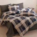 Luxlovery Checkered Navy Comforter Set Cal King Gingham Bedding Set Men's Bedding Grid Bedding Set Fluffy Soft Cottagecore Khaki and Blue Blanket Quilts with 2 Pillowcases California King Bed