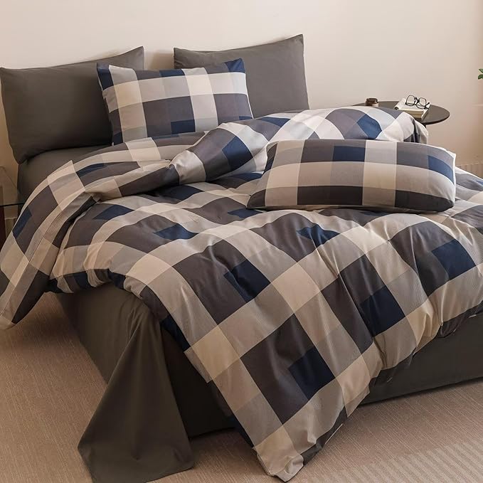 Luxlovery Checkered Blue Comforter Set Full Plaid Comforter Boys Men Gingham Grid Bedding Set Fluffy Soft Cottagecore Khaki and Blue Blanket Quilts with 2 Pillowcases Full Bed