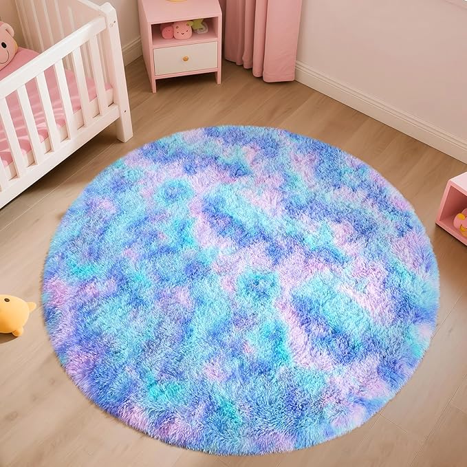 Blivonta Rainbow Round Rug for Bedroom, 4Ft Fluffy Circle Area Rugs for Living Room, Shag Fuzzy Carpet for Kids Room, Nursery, Dorm, Classroom, Teen, Cute Baby Play Mat Home Decor Aesthetic, Blue