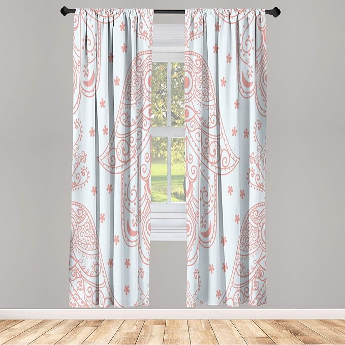 Lunarable Hamsa Window Curtains, Egyptian Boho Hand Shape Pattern Eye Design Bridal Night Inspired Art, Lightweight Decorative 2-Panel Set & Rod Pocket, Pair of - 28" x 95", Pale Pink