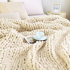 Admitrack Chunky Knit Blanket Throw, 100% Hand Knit Chenille Throw Blanket for Sofa & Home Decor, Soft and Cozy Knitted Throw Blankets (Ivory，40"x50")