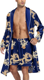 SWOMOG Men's Satin Robe Silky Kimono Bathrobe with Shorts Set Lightweight Soft Loungewear Nightwear