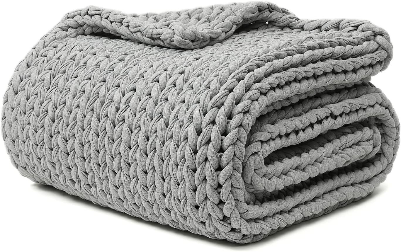 YnM 100% Cotton Weighted Blanket, Handmade Chunky Knitted Throw, No fillers Design, Soft and Breathable, Machine Washable Bed Blanket for Sleep or Home Decor (Lighte Grey, 60x80 Inch, 25lbs)