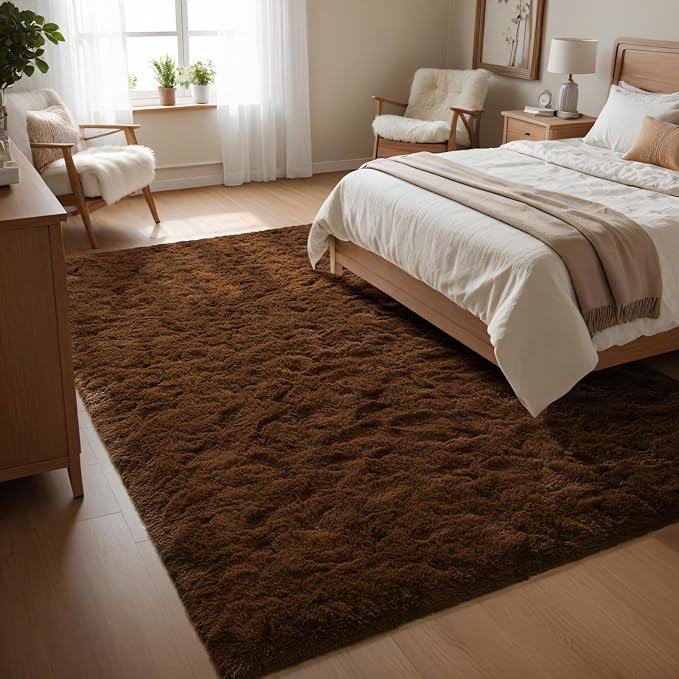 Macgace Fluffy Area Rugs for Bedroom Decor Aesthetic, 3x5 Brown Shag Rug with Non-Slip Dots for Living Room, Furry Plush Mat Washable Fuzzy Carpet Modern Home Decor for Kids Nursery Teens Room