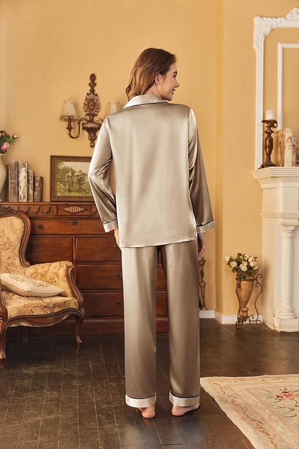 Ekouaer Women's Classic Button Down Long Satin Silk Pajama Set