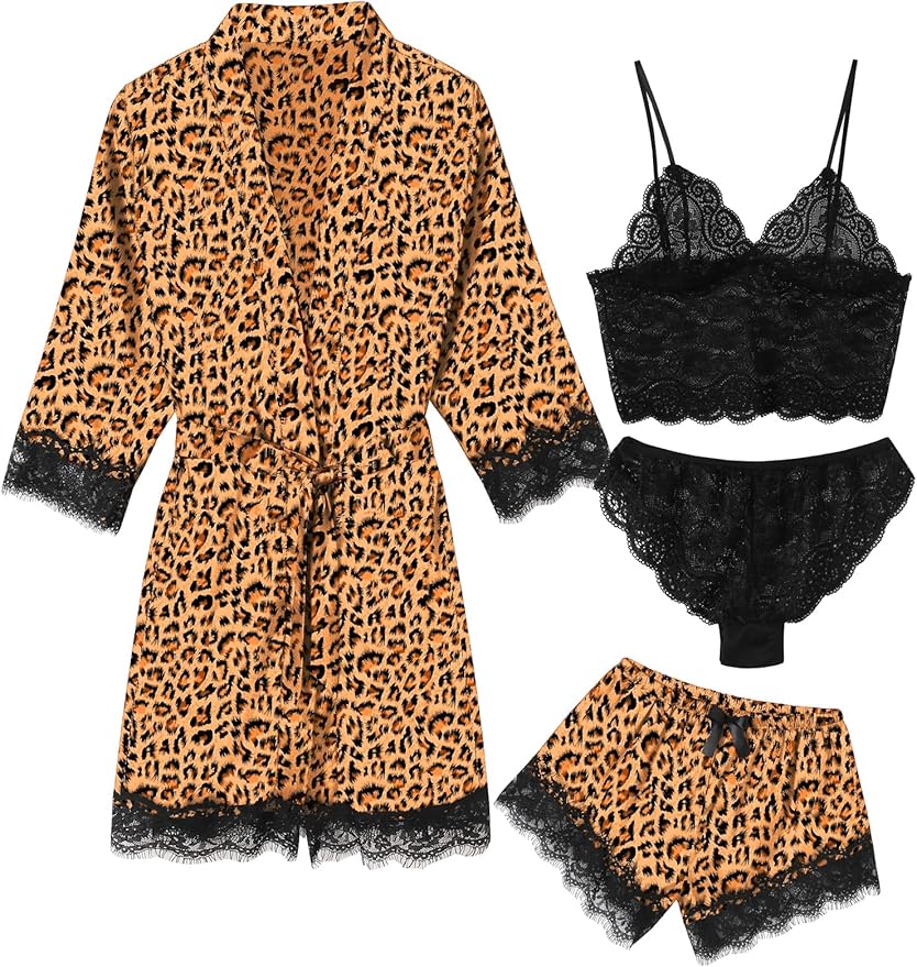 Women's Pajama Satin Sexy Lingerie Robe Set 4Pcs Pjs Silk Sleepwear Lace Cami Shorts Loungewear