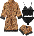 Women's Pajama Satin Sexy Lingerie Robe Set 4Pcs Pjs Silk Sleepwear Lace Cami Shorts Loungewear