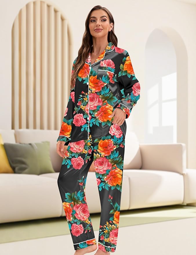 EPLAZA Silk Pajamas for Women Satin Pajamas Set 5 Pcs Long Sleeve Print Pattern Button Down Pjs Sleepwear Loungewear Set