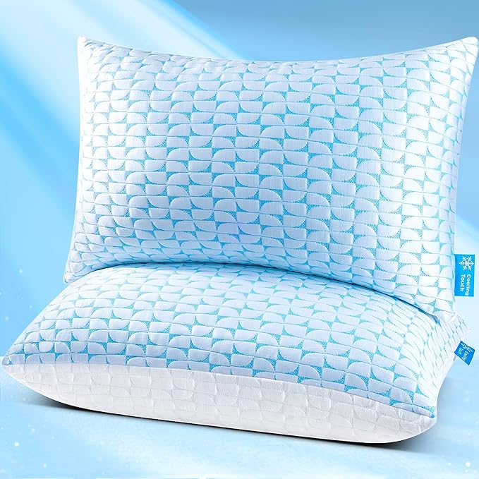 QUTOOL Firm Pillow Shredded Memory Foam, Cooling Pillow for Hot Sleeper, Adjustable Bed Pillow for Side Back Stomach Sleepers, Washable Cover, CertiPUR-US Certified, Queen Size Set of 2