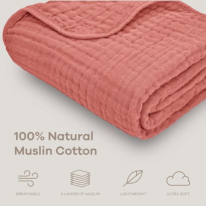 Comfy Cubs Muslin Baby Blanket - Soft, Lightweight, 6-Layer Cotton Swaddle Blankets for Newborns, Infants & Toddlers - 40" x 40" Large, Breathable & Versatile for Sleeping & Tummy Time - Dusty Rose