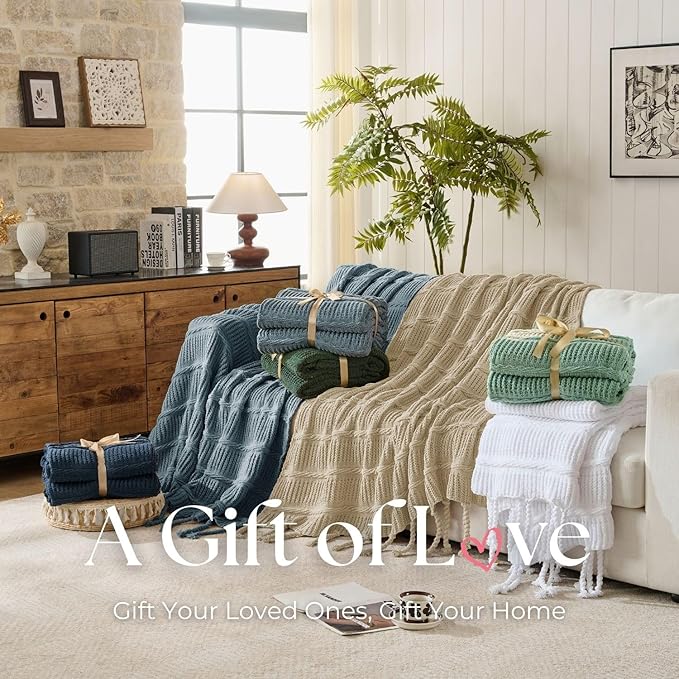 Boho Knitted Chenille Blanket with Tassels - Lightweight & Soft All-Season Throw - 3D Classic Pattern for Living Room Bedroom Couch, Sandy Beige, Throw 50"x60"