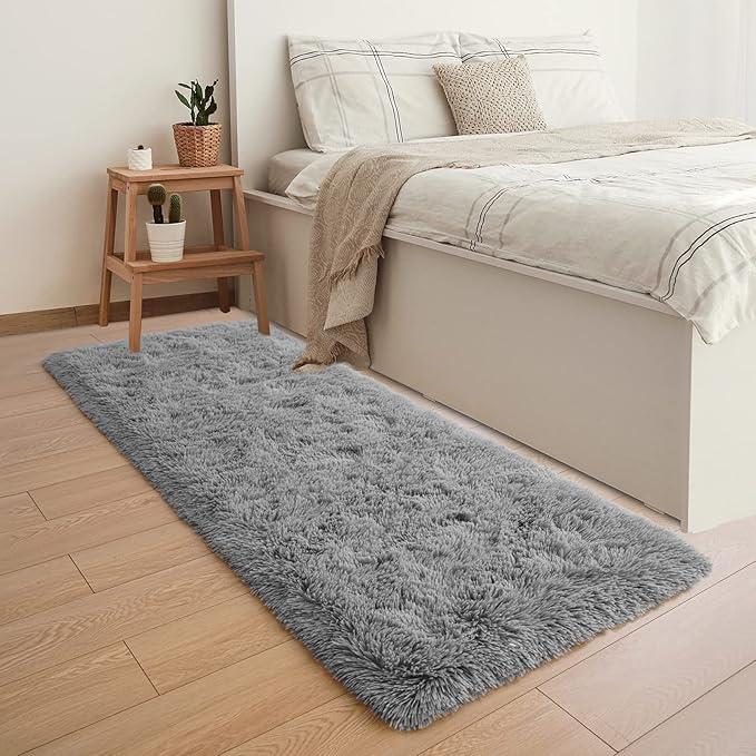 YJ.GWL Shag Runner Rug Non Slip for Bedroom Living Room Soft Small Rugs for Dorm, 2x6 Feet Grey Plush Carpet Runner for Nursery Dorm, Fuzzy Bedside Rug for Kids Boys Girls Room Home Decor