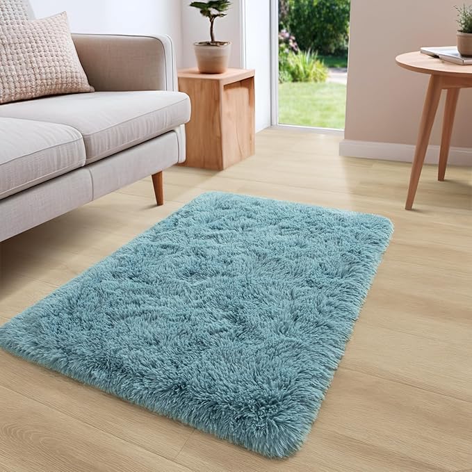YJ.GWL Runner Rugs for Hallway, 2x4 Washable Small Teal Bedside Rugs for Living Room Bedroom, Soft Fluffy Shaggy Indoor Floor Carpet for Kids Boy and Girls Room Nursery Home Decor Aesthetic