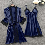 Women's 4pcs Silk Satin Pajamas Set Floral Lace Trim Dress with Robe Lounge Sleepwear Nightdress Novelty Loungewear