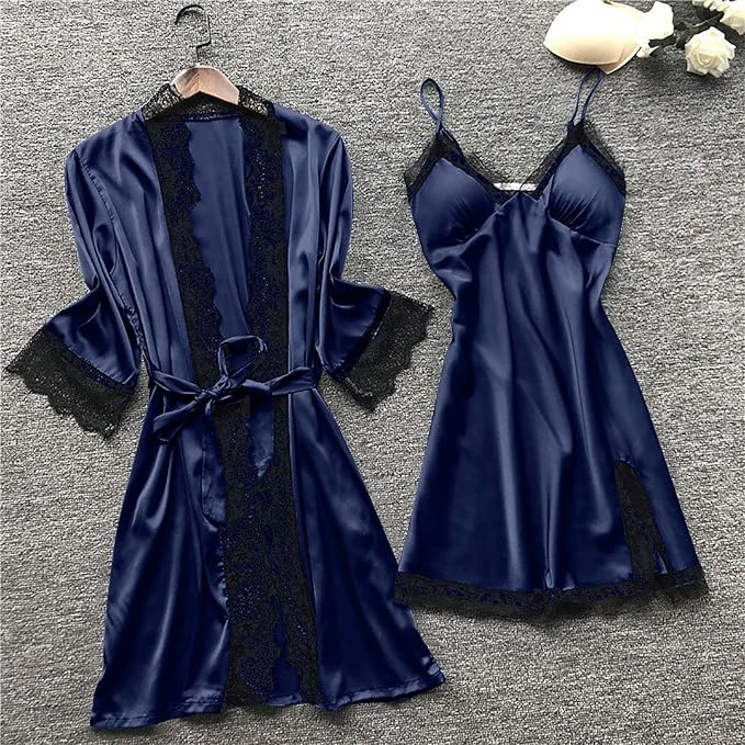 Women's 4pcs Silk Satin Pajamas Set Floral Lace Trim Dress with Robe Lounge Sleepwear Nightdress Novelty Loungewear