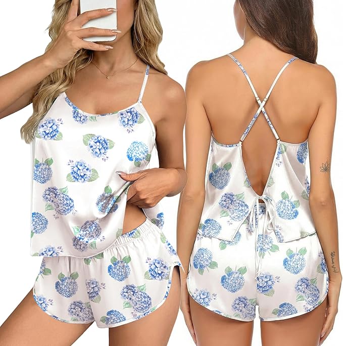Ekouaer Silk Pajamas Set for Women Satin Backless Lingerie Pjs Cami Top and Shorts Nightwear