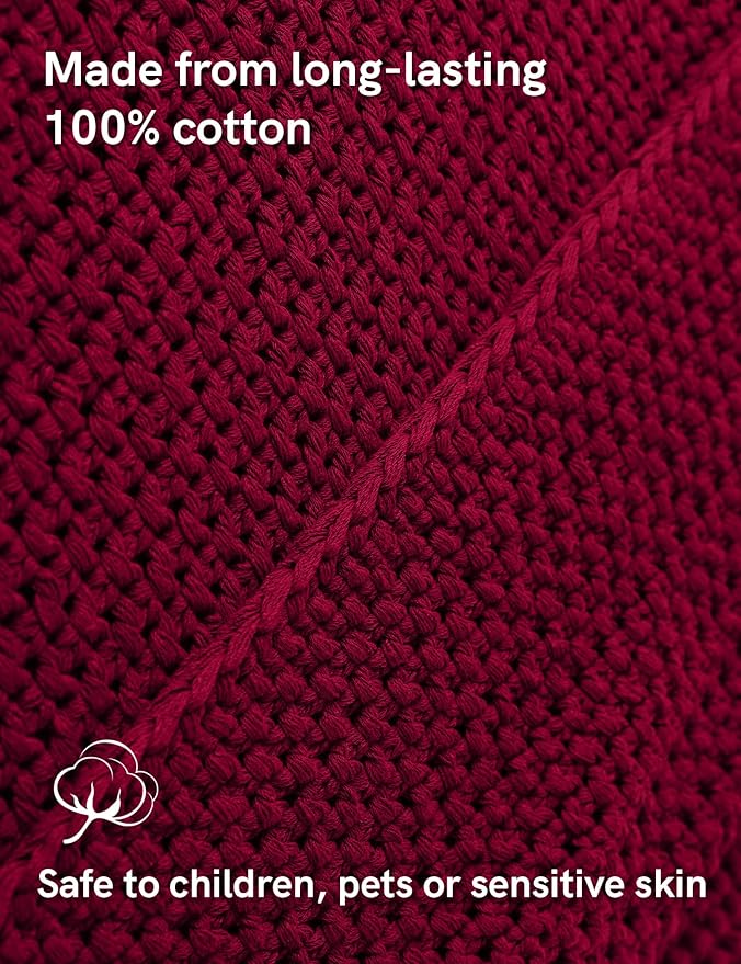 YnM Chunky Cotton Knit Throw Blanket, Cable Knit Throws for Bed Couch Sofa, Comfy & Relaxing, Decorative Piece for Farmhouse Modern Boho Rustic Scandinavian Chic Vibe, Red 80x87 Inches