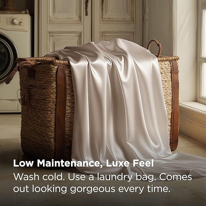Bedsure Satin Sheets King Size - 4 Piece Silky Bedsheets with Elastic Corner Straps and 15 Inches Deep Pocket Fitted Bedsheet,1 Flat Sheet, 2 Satin Pillowcases, Good for Hair & Skin (King, Beige)