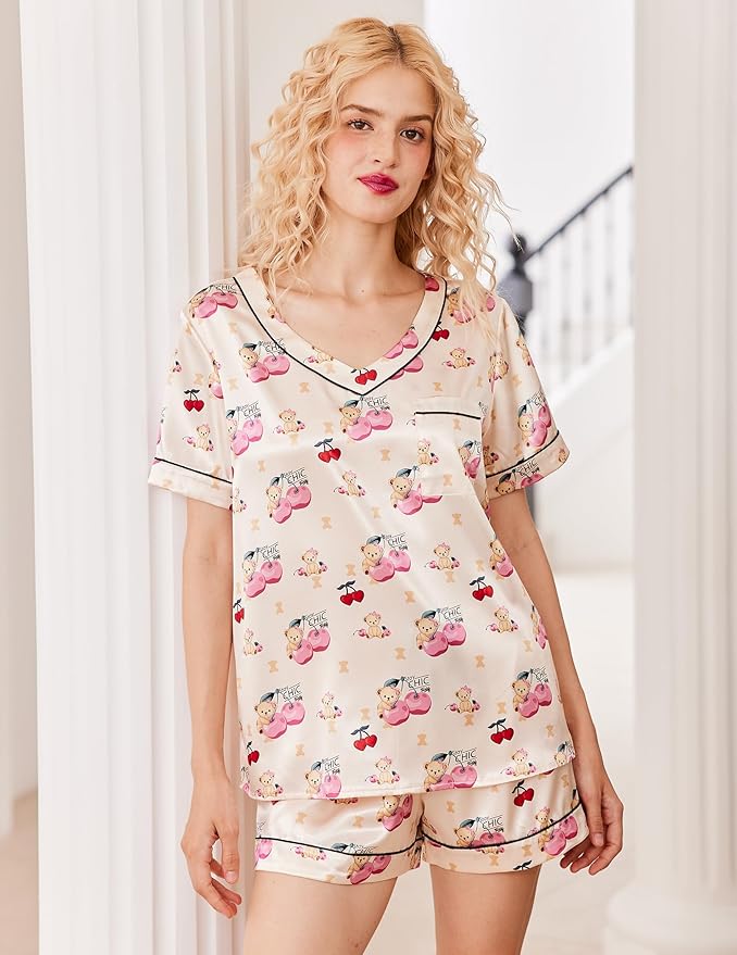 Ekouaer Silk Pajama for Women Short Sleeve Satin Pj Set Two Piece Soft Sleepwear Loungewear, S-XXL