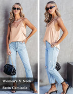 Ekouaer Women's 2 Pcs Satin Camisole Silky Pajama Tank Tops V Neck Soft Spaghetti Strap Loose Basic Sleepwear