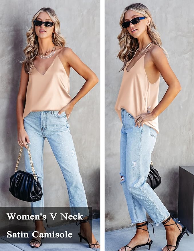 Ekouaer Women's 2 Pcs Satin Camisole Silky Pajama Tank Tops V Neck Soft Spaghetti Strap Loose Basic Sleepwear