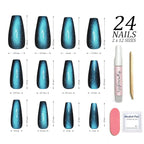 Hypnaughty 24 Pcs Ocean Cat Eye Effect Blue Glossy And Sparkly Coffin Long Press On Nails With Nail Kit And Glue (Ocean Cat Eye)