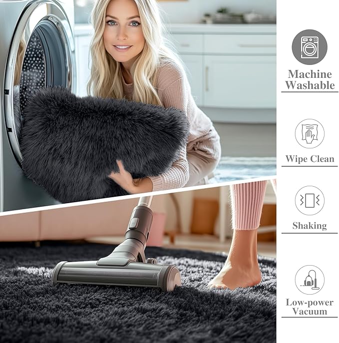 OLANLY 4x9 Area Rugs for Living Room Bedroom, Machine Washable Soft Fluffy Shaggy Bedside Rug, Indoor Floor Carpet for Kids Girls and Boys, Dorms, Nursery Rooms, Home Decor Aesthetic, Black
